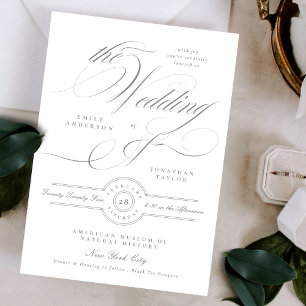 Formal Classic Calligraphy Grey Green Wedding Invitation