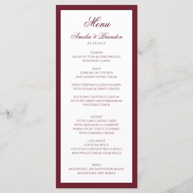 Formal Classic Deep Burgundy Border Script Wedding Menu (Front)