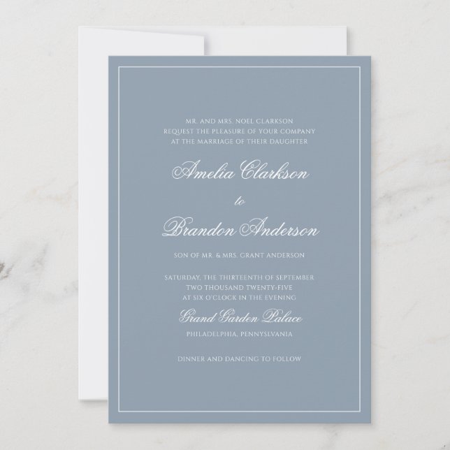 Formal Classic Dusty Blue Border Script Wedding Invitation (Front)