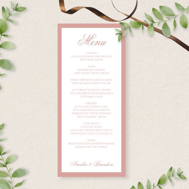 Formal Classic Dusty Rose Border Script Wedding Menu (Creator Uploaded)