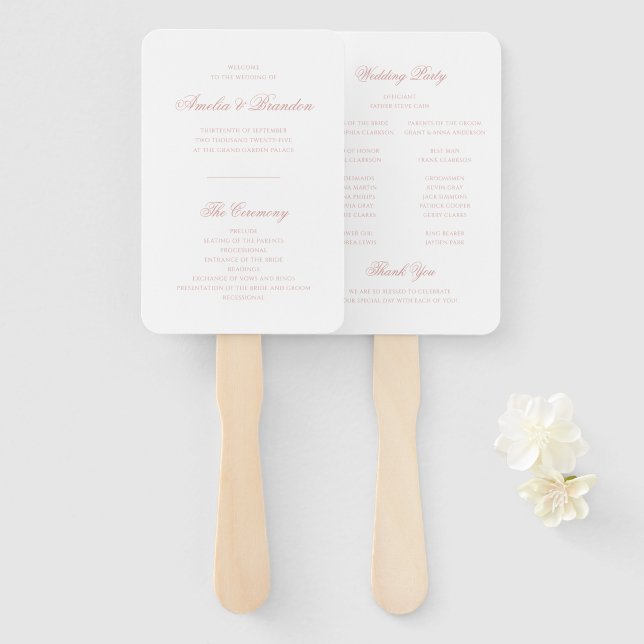 Formal Classic Dusty Rose Script Wedding Program Hand Fan (Front and Back)