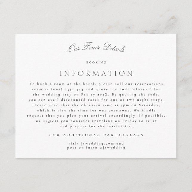 Formal Classic Elegant Calligraphy Wedding Details Enclosure Card (Front)