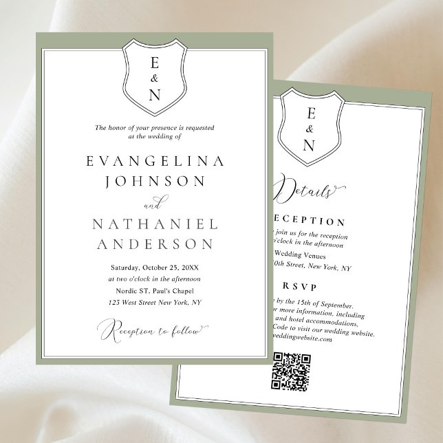 Formal Classic Elegant Crest Script Green Wedding Invitation (Creator Uploaded)
