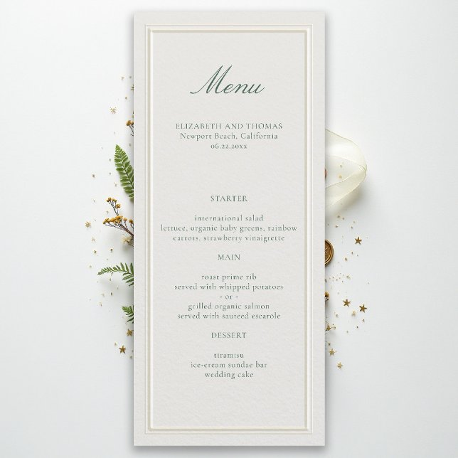 Formal Classic Green Elevated Frame Ecru Wedding Menu (formal wedding menu ecru green elegant modern classic traditional ballroom black tie)