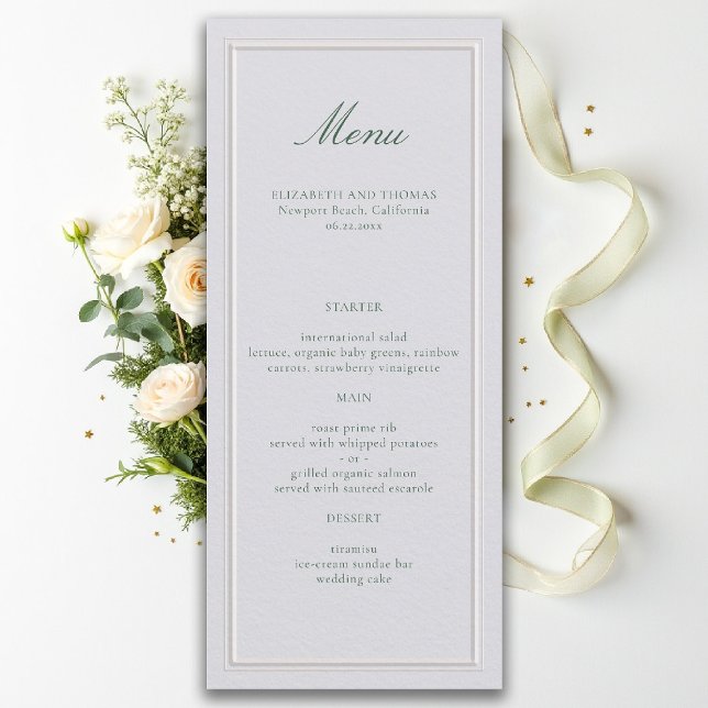 Formal Classic Green Elevated Frame Ivory Wedding Menu (formal wedding menu ivory green elegant modern classic traditional ballroom black tie)