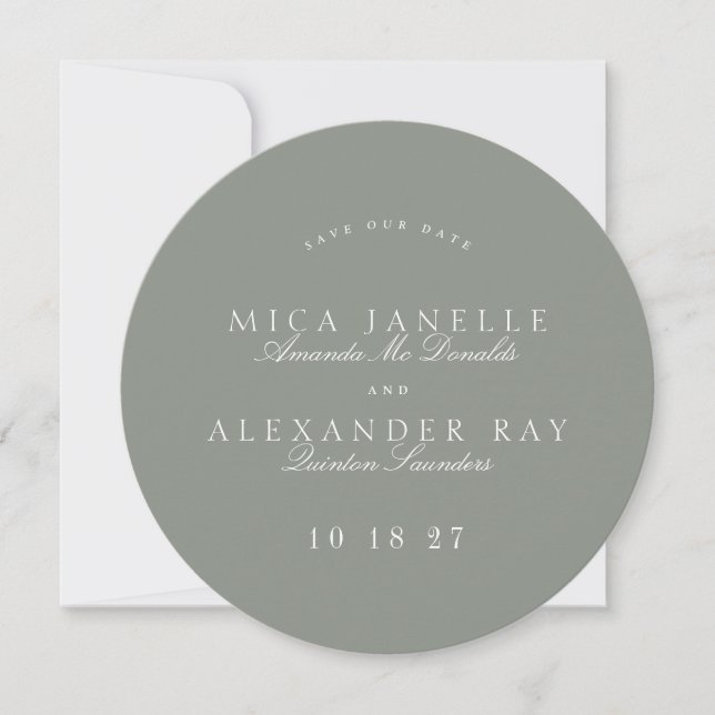 Formal Classic Grey Green Calligraphy Round Photo Save The Date (Front)
