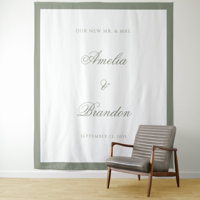 Formal Classic Sage Green Border Wedding Backdrop Tapestry (In Situ)