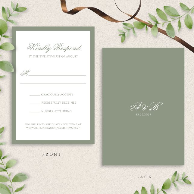 Formal Classic Sage Green Monogram Border Wedding RSVP Card (Creator Uploaded)