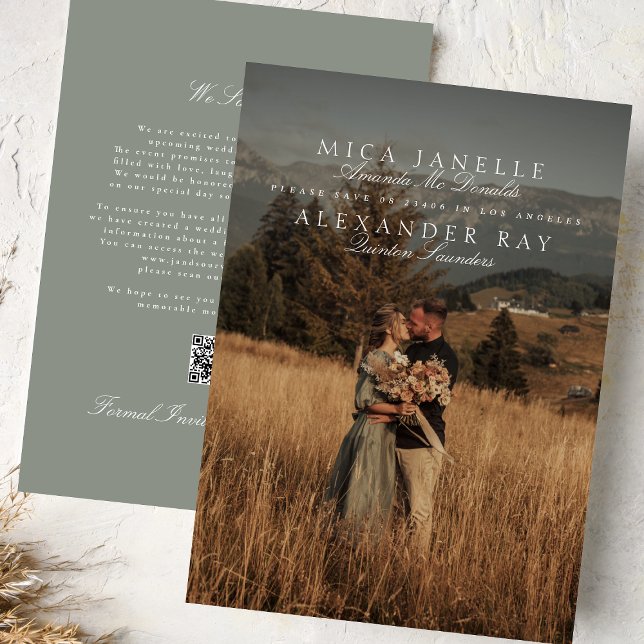 Formal Classic Sage Green Names Photo QR Code Save The Date (Creator Uploaded)