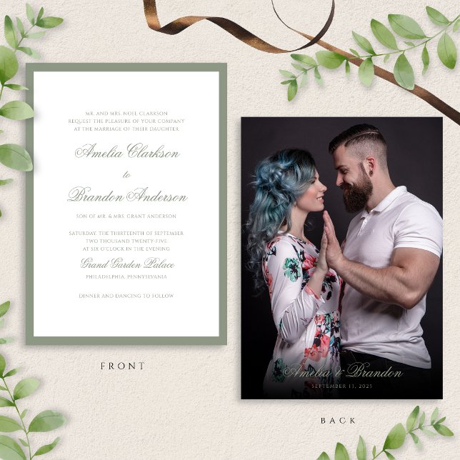 Formal Classic Sage Green & Script Photo Wedding Invitation (Creator Uploaded)