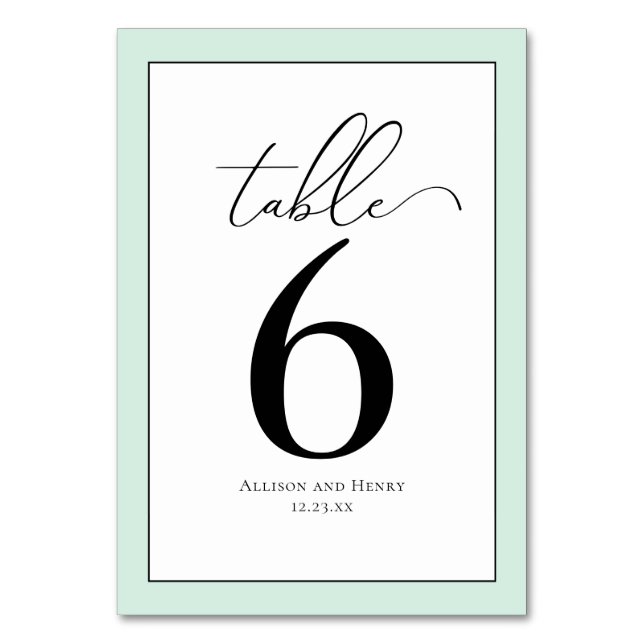 Formal Classy Mint Green Wedding Reception Table Number (Front)