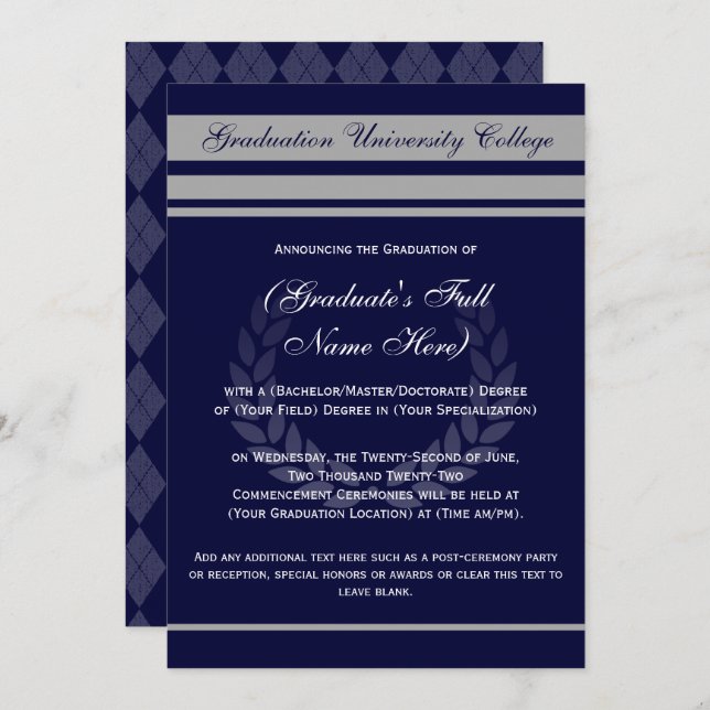 Formal College Graduation Announcements ~ Blue (Front/Back)