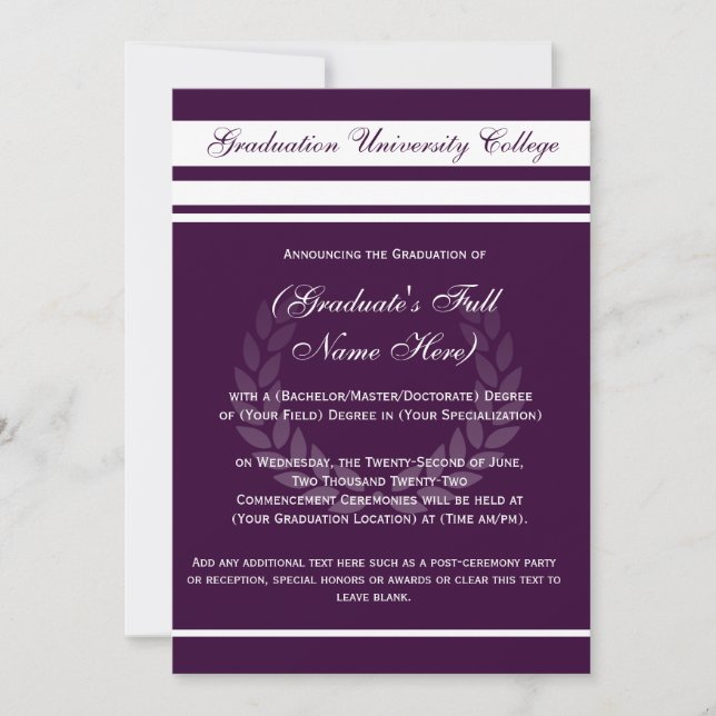 Formal College Graduation Announcements (Purple) (Front)