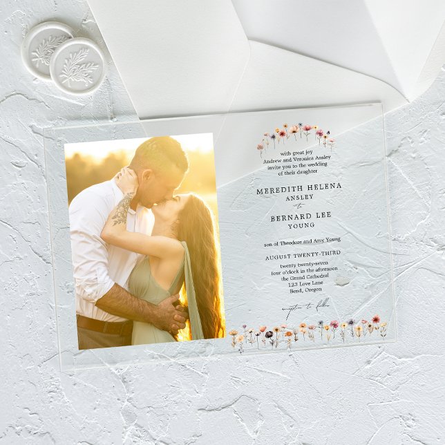 Formal Colourful Floral Wedding Photo Horizontal Acrylic Invitations (Creator Uploaded)