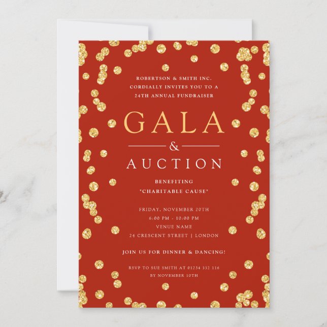 Formal Corporate Gala & Auction Gold Glitter Red  Invitation (Front)
