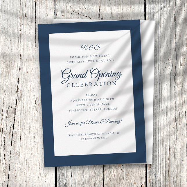 Formal Corporate Grand Opening Monogram Navy  Invitation (Creator Uploaded)