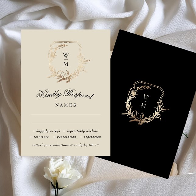 Formal Cream & Black Monogram Gold Botanical Motif RSVP Card (Creator Uploaded)