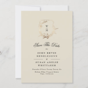 Formal Cream Black Monogram Gold Crest Photo Save The Date