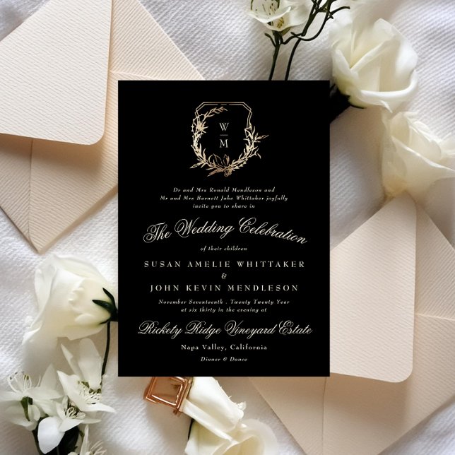 Formal Cream & Black Monogram Gold Wreath Wedding Invitation (Creator Uploaded)