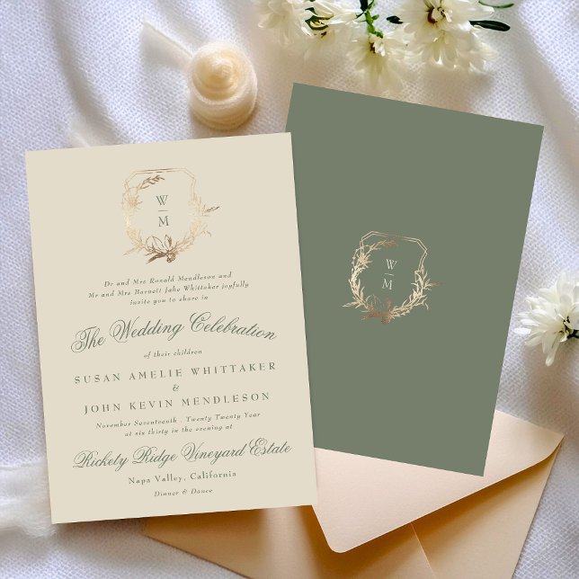 Formal Cream & Green Monogram Gold Wreath Wedding Invitation (Creator Uploaded)