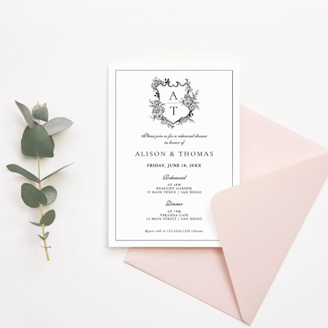 Formal Crest Black & White Rehearsal Dinner Invitation (Creator Uploaded)