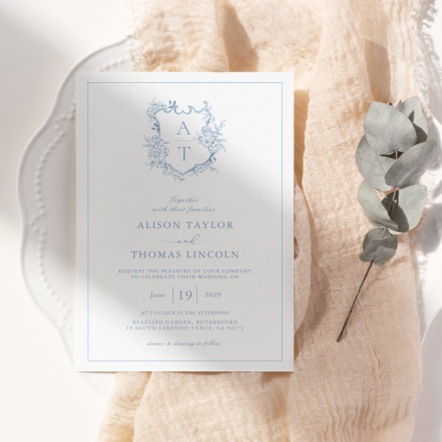 Formal Crest Dusty Blue Monogram Wedding Invitation (Creator Uploaded)