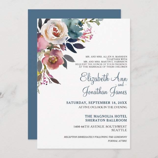 Formal Dusty Blue Champagne Wine Floral Wedding Invitation (Front/Back)