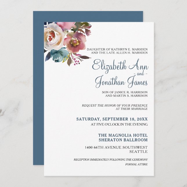 Formal Dusty Blue Champagne Wine Floral Wedding Invitation (Front/Back)