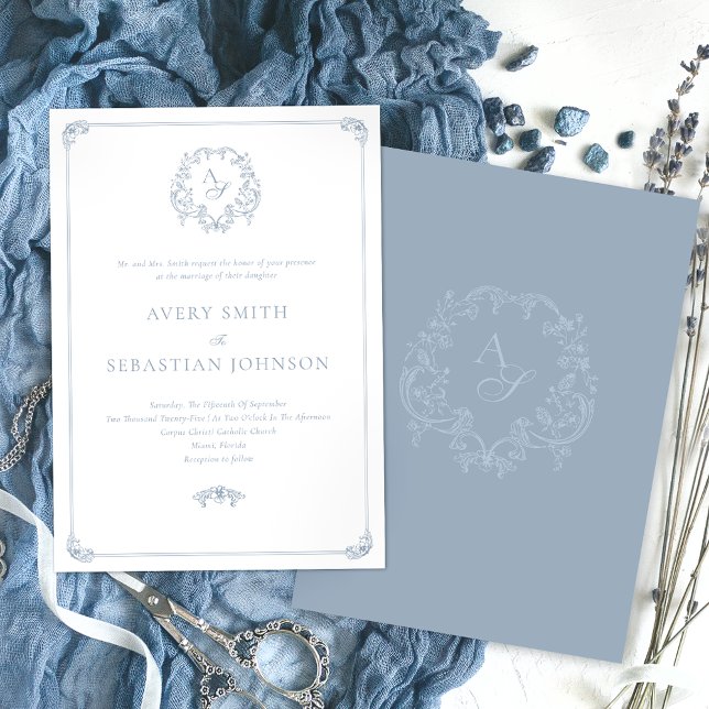 Formal Dusty Blue Crest Monogram Wedding Invitation (Creator Uploaded)