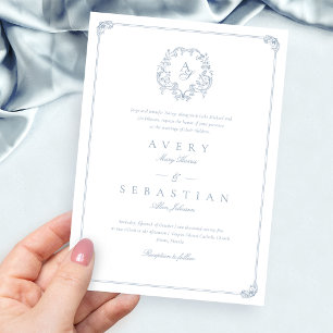 Formal Dusty Blue Crest Monogram Wedding Invitation
