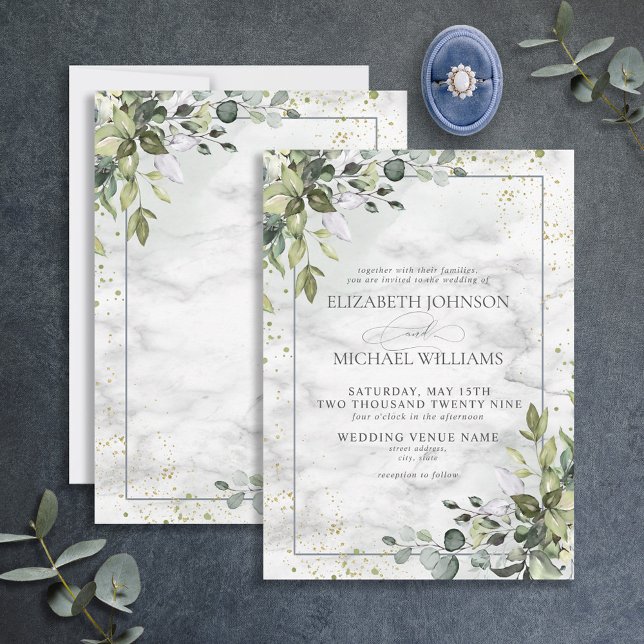 Formal Dusty Blue Eucalyptus Greenery Marble Invitation (Creator Uploaded)