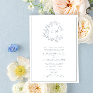 Formal Dusty Blue Leafy Crest Monogram Wedding Invitation