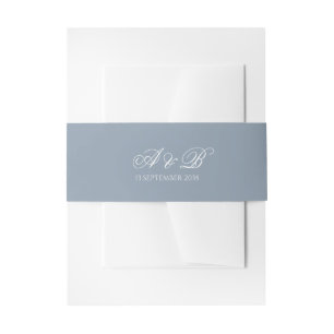 Formal Dusty Blue Monogram Script & Date Wedding Invitation Belly Band