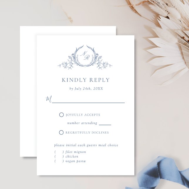 Formal Dusty Blue Monogram With/Without Meals RSVP Card (Creator Uploaded)