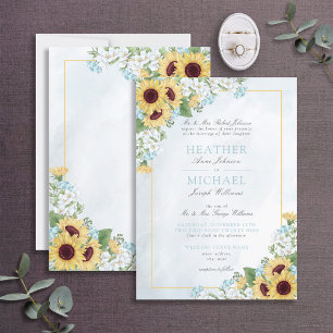 Formal Dusty Blue Sunflower Floral Script Wedding Invitation