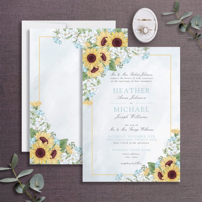 Formal Dusty Blue Sunflower Floral Script Wedding Invitation (Creator Uploaded)