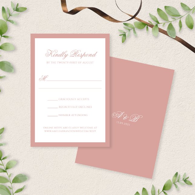 Formal Dusty Rose Border Monogram Script Wedding RSVP Card (Creator Uploaded)