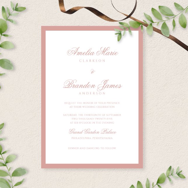 Formal Dusty Rose Border Script Typography Wedding Invitation (Creator Uploaded)