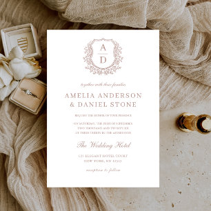 Formal Dusty Rose Leafy Crest Monogram Wedding Invitation