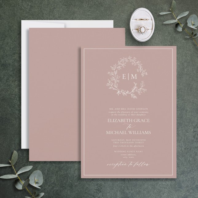 Formal Dusty Rose Leafy Crest Monogram Wedding Invitation (Creator Uploaded)