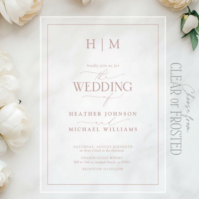 Formal Dusty Rose Monogram Calligraphy Wedding Acrylic Invitations (Creator Uploaded)