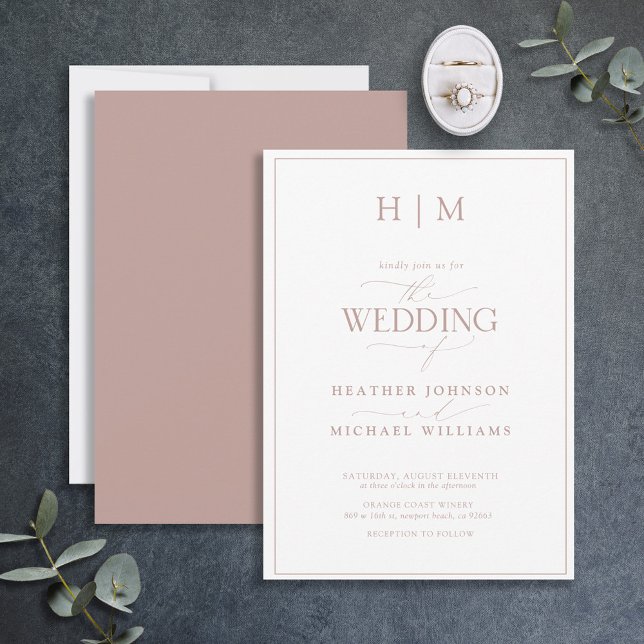 Formal Dusty Rose Monogram Calligraphy Wedding Invitation (Creator Uploaded)