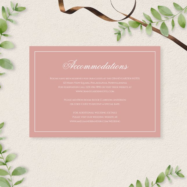 Formal Dusty Rose Script Wedding Accommodations Enclosure Card (Creator Uploaded)