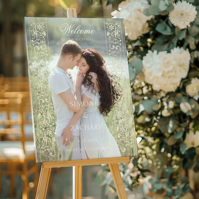 Formal Ecru Scrollwork Photo Wedding Welcome Acrylic Sign (Creator Uploaded)