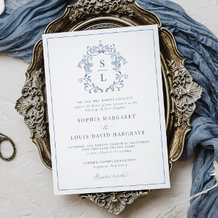 Formal Elegant Baroque Crest Monogram Blue Wedding Invitation