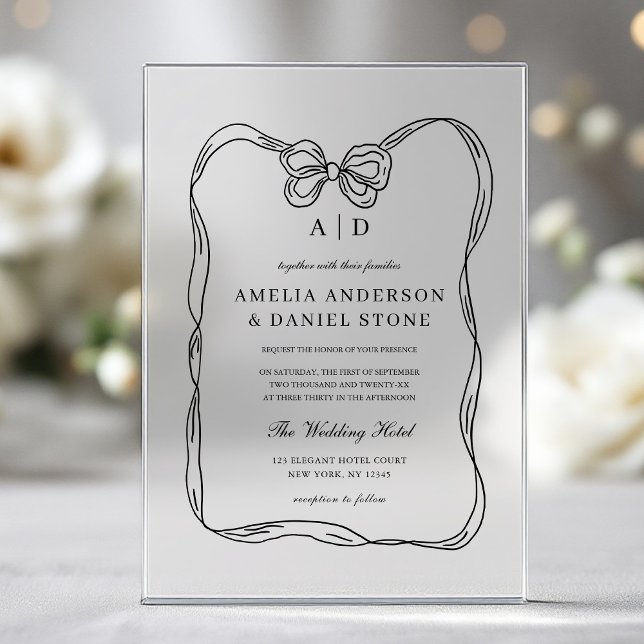 Formal Elegant Black & White Bow Monogram Acrylic Invitations (Creator Uploaded)