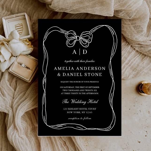 Formal Elegant Black & White Bow Monogram Invitation (Creator Uploaded)