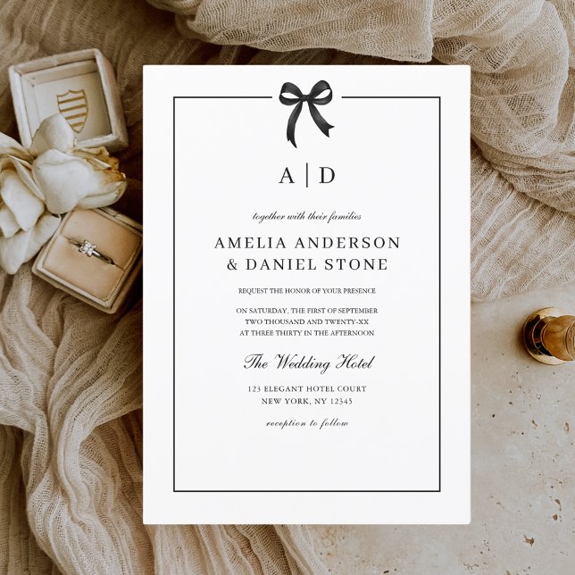 Formal Elegant Black & White Bow Monogram Invitation (Creator Uploaded)