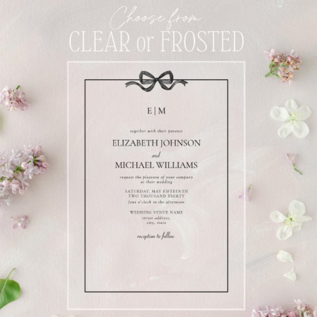 Formal Elegant Black & White Bow Monogram Wedding Acrylic Invitations (Creator Uploaded)