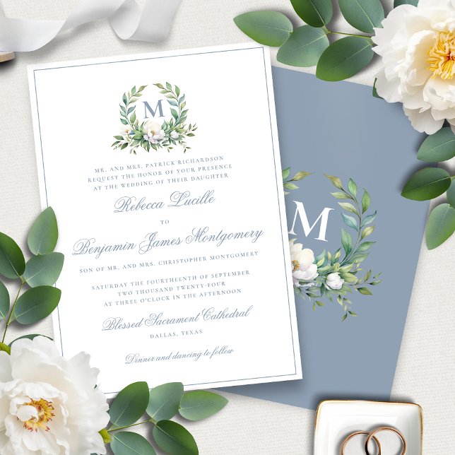 Formal Elegant Blue Floral Crest Monogram Wedding Invitation (Creator Uploaded)
